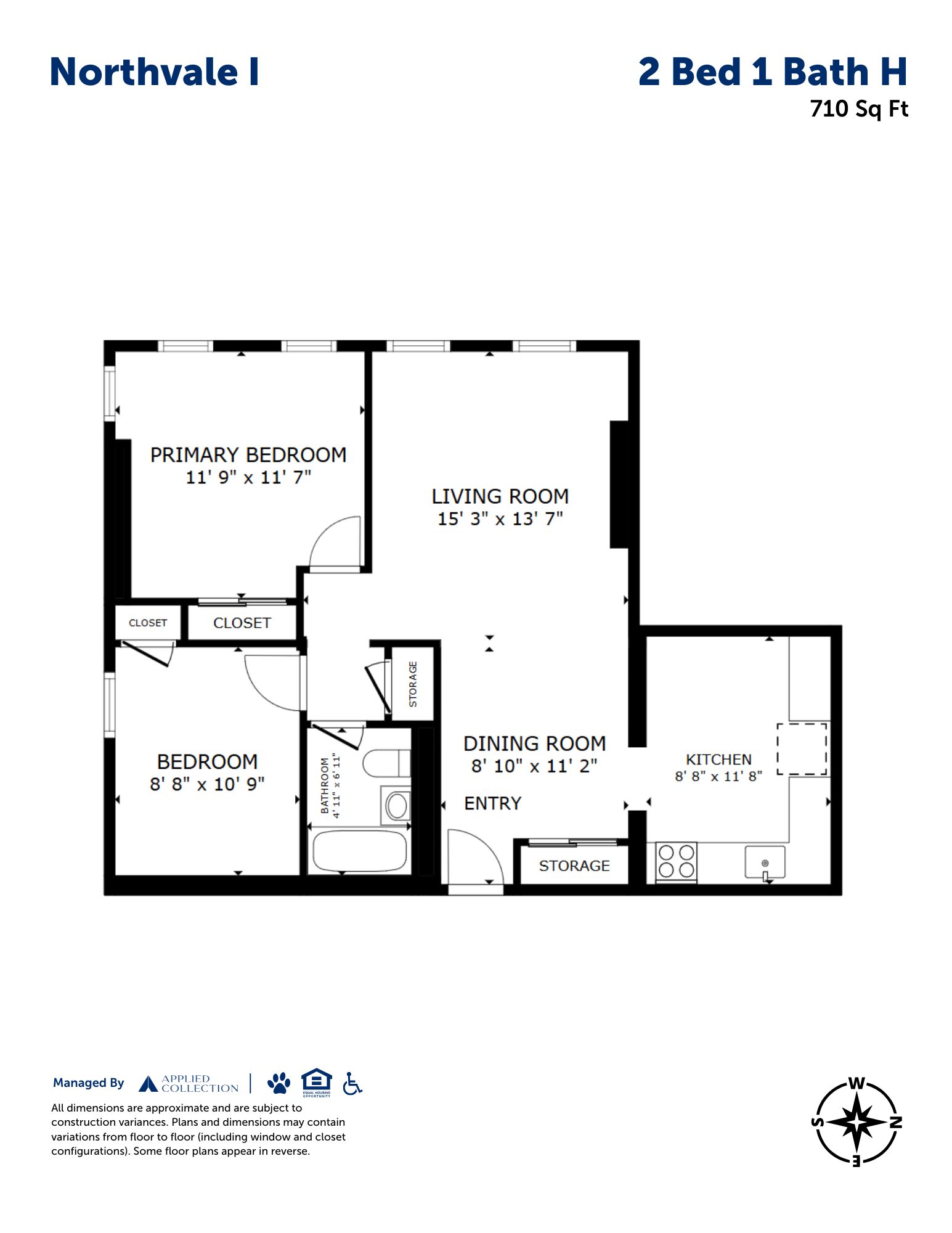 Floor plan for 2 beds, 1 bath, 710 sqft